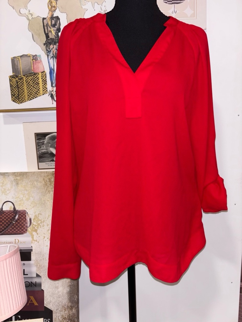 Express Red V-Neck Long Sleeve Blouse